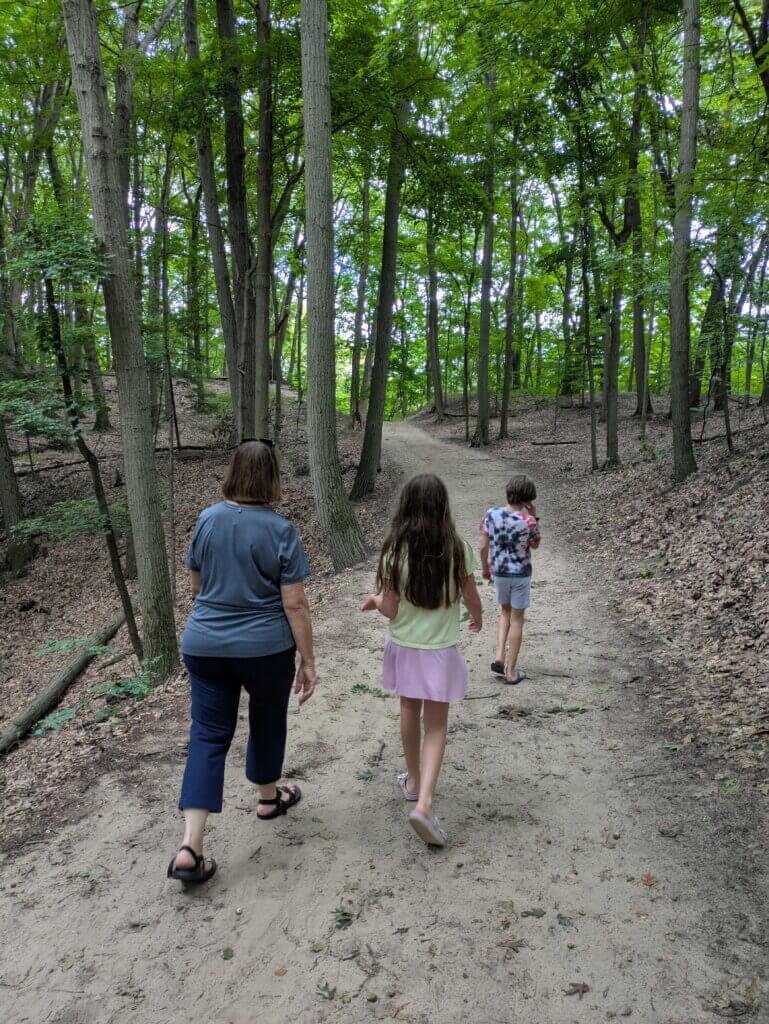 Group hiking through woods